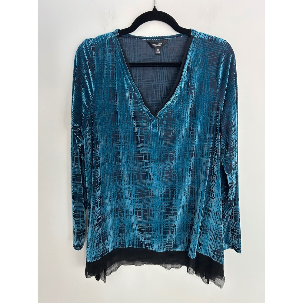 Simply Vera Vera Wang Teal Blue‎ Burnout Velvet Grid Tunic Top V-Neck Plus Sz 0X
